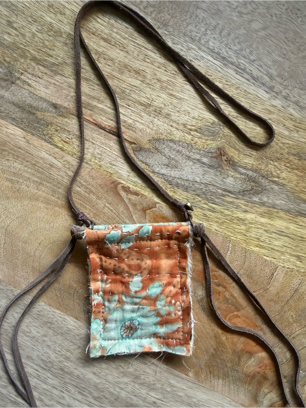 Handcrafted Orange & Aqua Quilted Pouch Necklace